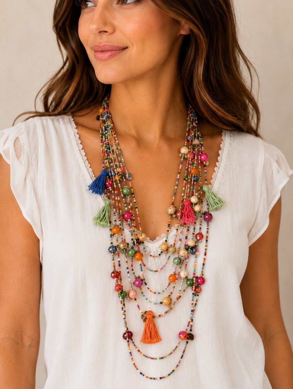CHICO'S Hagen 9 Festive Rainbow Beaded Tassel Multi-strand Boho Fiesta Necklace